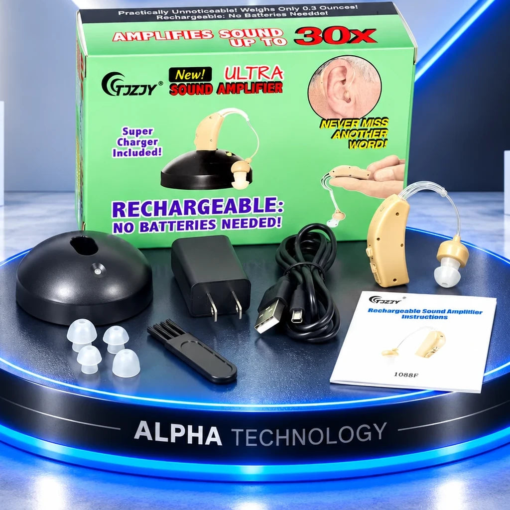 Amplificador auditivo recargable con base de carga, cargador, cable, olivas, cepillo y manual