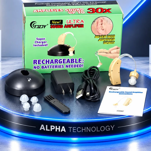 Amplificador auditivo recargable con base de carga, cargador, cable, olivas, cepillo y manual