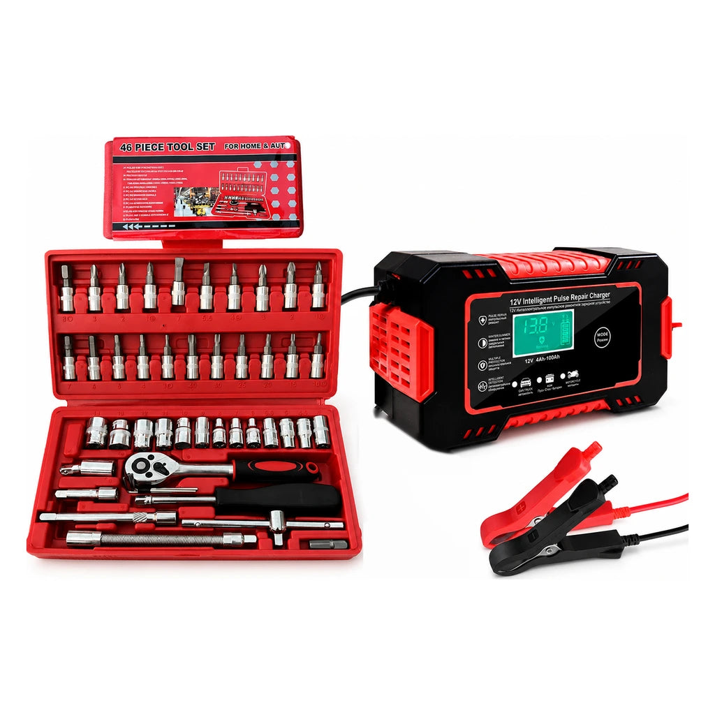 Cargador de batería 12V inteligente con pinzas y juego de ratchets y dados de 46 piezas en estuche rojo
