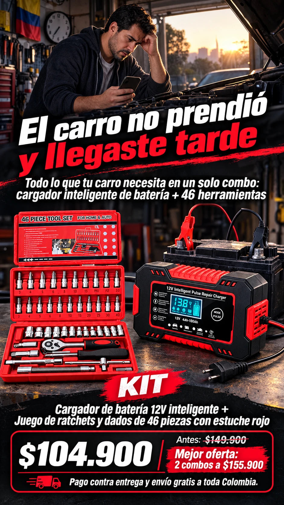 Cargador de batería 12V inteligente + Juego de ratchets y dados de 46 piezas con estuche rojo