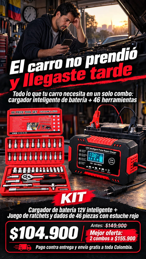 Cargador de batería 12V inteligente + Juego de ratchets y dados de 46 piezas con estuche rojo