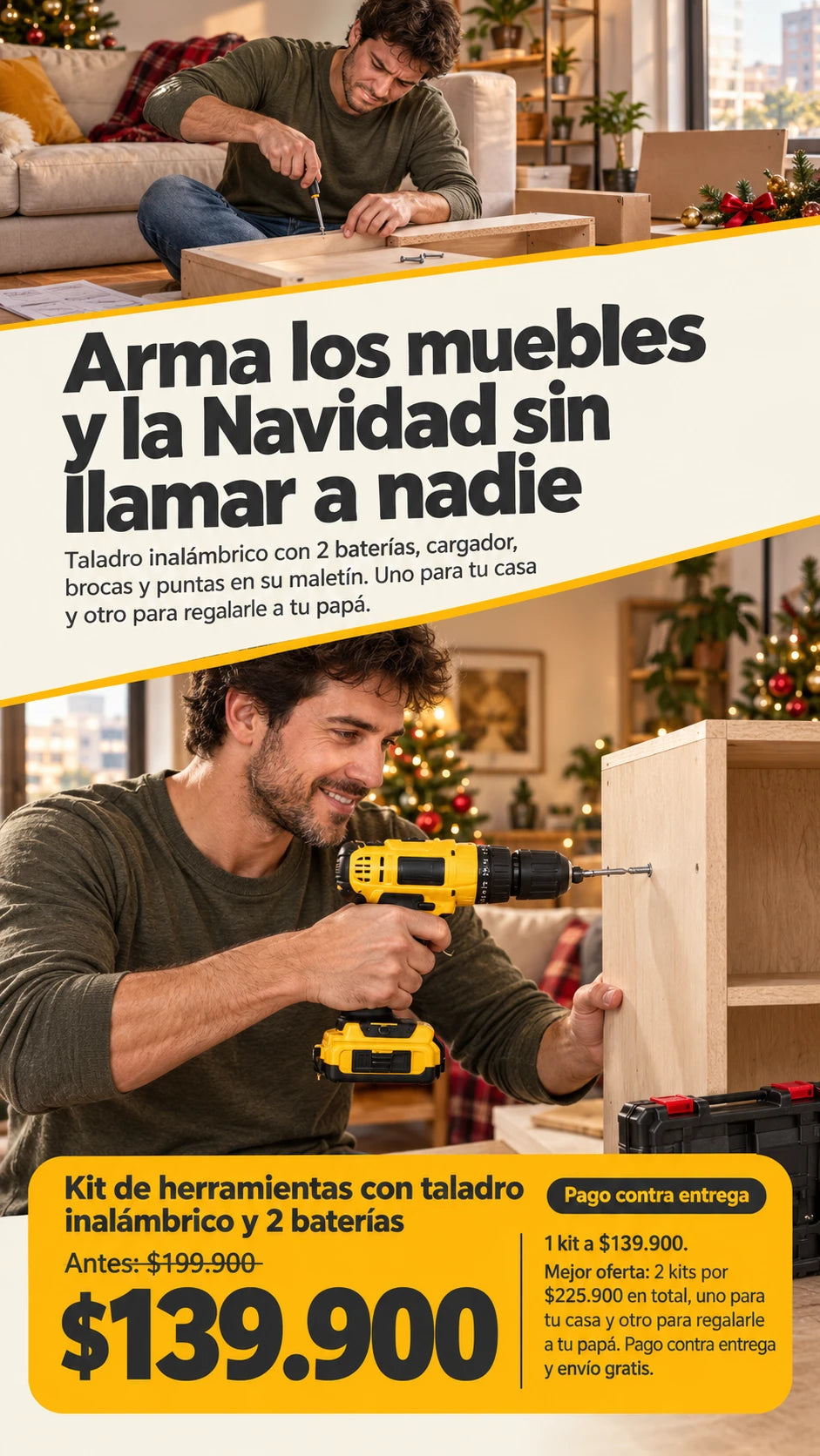 Kit de herramientas con taladro inalámbrico y 2 baterías
